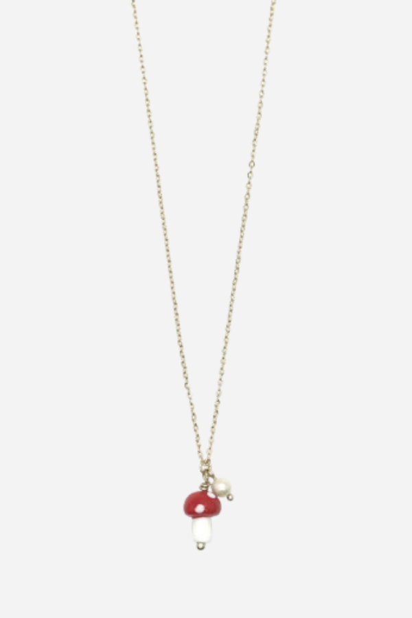 Gold and Red Mushroom Pendant Necklace